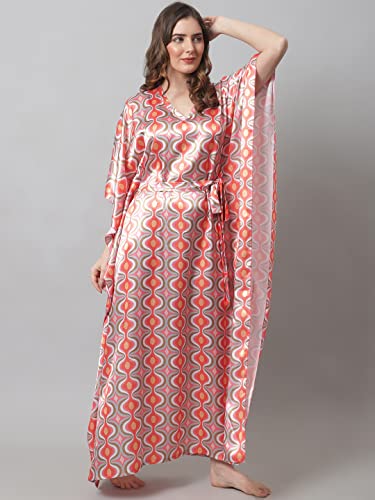 Claura Orange Digital Print Silk Satin Women Kaftan Nightdress/Kaftan Nighty for Women - Image 3