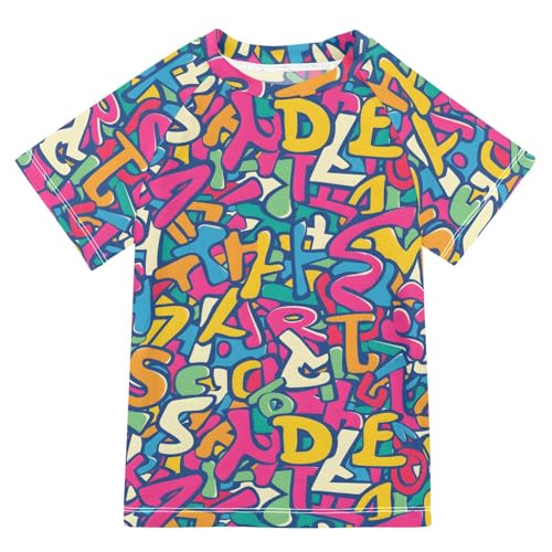 ALAZA Kids Rash Guard Toddler Swim Shirt Boy Girls Letters Diagram UPF 50+ Short Sleeve 4T