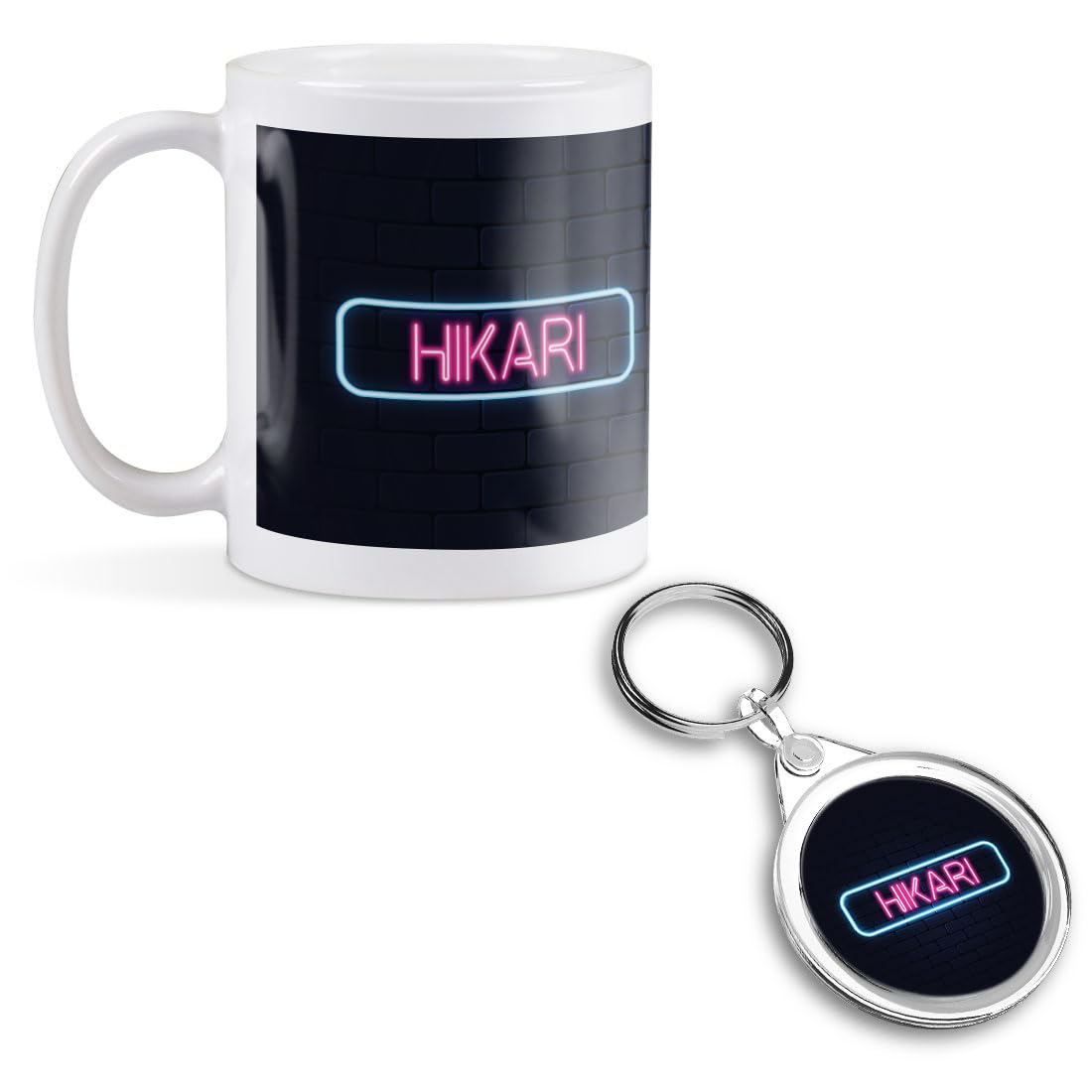 1 White Ceramic Mug Cup (11oz / 284ml) with 1 x Round Keyring Neon Sign Design Hikari City Japan Matching Set for Coffee Tea Drinks Kitchen #351540
