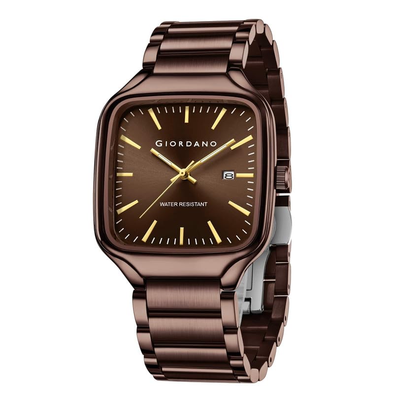 Image of Giordano Analog Watch for Men - Square Dial, Stainless Steel Strap, Date Display, Water Resistant Classic Dress Watch