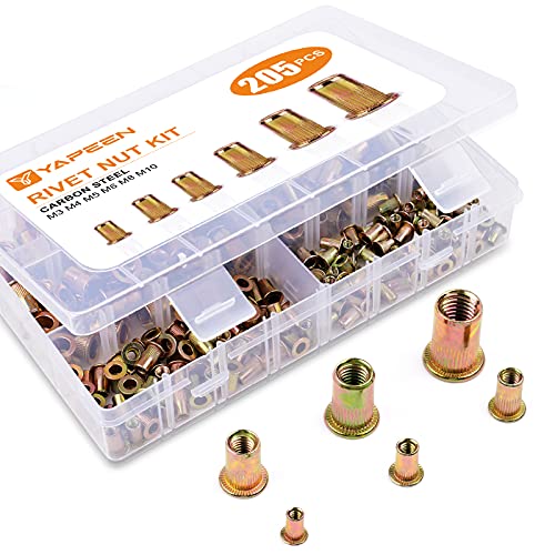 Rivet Nut, YAPEEN 205PCS Metric Rivet Nut Kit Carbon Steel Flat Head Threaded Insert Nut Assorted in M3 M4 M5 M6 M8 M10, Knurled Body (Rivet Nut Kit Boxed Storage)