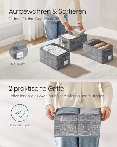 SONGMICS Aufbewahrungsbox 3er Set, zusammenklappbar, Stoffboxen aufbewahren, 30 x 20 x 15 cm, für Kleiderschrank, 2 Griffe, Etikette, für Schlafzimmer Wohnzimmer, schilfgrau ROB415G01