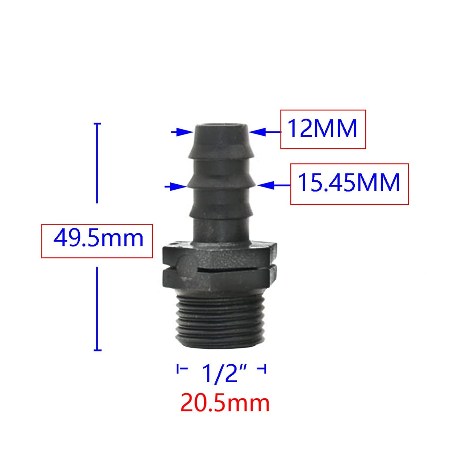 Adaptador de Conector de Manguera 50 16 Mm 20 Mm 25 Mm 32 Mm Conectores de Púas de Manguera de Pe con Roscaho Hembra de 1/2 3/4 1 Pulgada 1/2 3/4 1 "Conector de Púas de Manguera de Plástico/1I2 a 20Mm