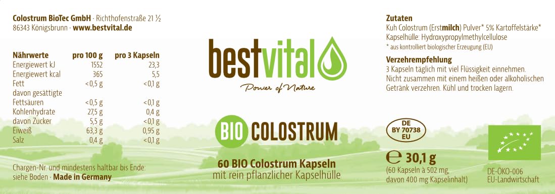 BIO Colostrum Kapseln (180 Stück Vorteilspack) - 400 mg pro Kapsel - 100% reine Erstmilch aus DE & AT - vegetarische Kapselhülle - gefriergetrocknet - ohne Zusätze