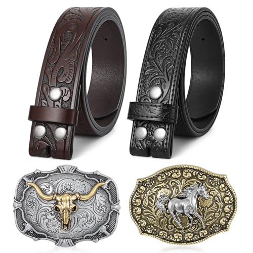 SANSTHS Western Belts for Men Women 2 Pack, Cowgirl Cowboy Belt Leather Straps with Buckle Set for Jeans, Black Brown 1.5