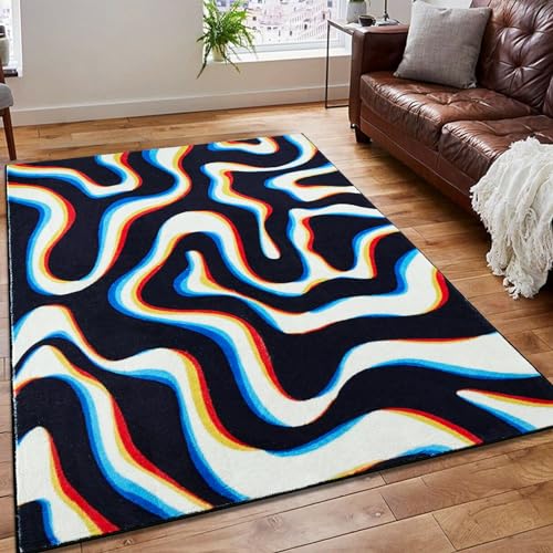 Image of Aldopein Trippy Abstract 4x6 Area Rug Soft Thin Funky Aesthetic Glitch Psychedelic Wavy Swirl Living Room Rug Colorful Black White, Retro Cool Washable Carpet for Kitchen Entryway Bedroom Dorm