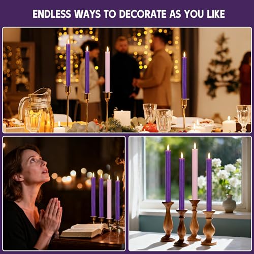 Image of Flameless Taper Candles with Rmote, 9.6 inch Real Wax Flameless Advent Candles, Battery Operated Purple and Pink Christmas Candlesticks for Wreath, Christ, Home, Church, Catholic Decoration