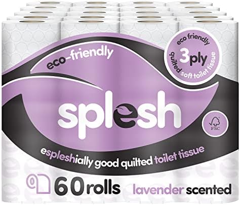 Splesh by Cusheen Toilet Tissue Roll Bulk Buy (60 Toilet Rolls) - Eco-Friendly, Soft & Quilted 3-Ply Toilet Paper, Made from Sustainably Sourced Pulp - Lavender Fragrance