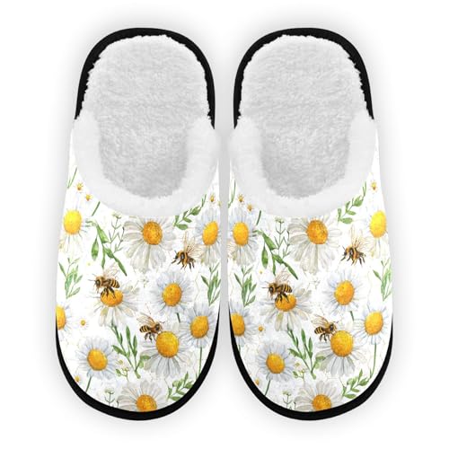 White Flowered Bee Slippers For Women Men Soft Memory Foam Non-Slip Animal Winter Indoor House Shoes Travel Slipper