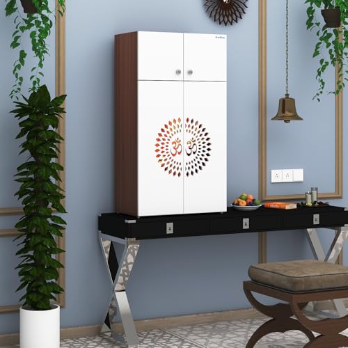 Image of Anikaa OMYA Engineered Wood Home Temple Wall Mount & Floor Standing Wooden Modern Pooja Mandir with LED Light, Om Laser Cut Design | Storage Cabinet with Hinge Doors (Walnut /White, DIY Installation)