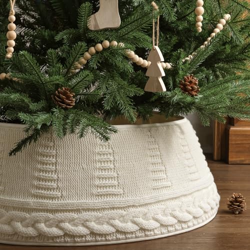 Treory Knitted Christmas Tree Collar: Cream Chunky Cable Knit Edge Christmas Tree Collars for Artificial Trees, Rustic Tree Ring Skirt Cover for Merry Christmas Holiday Home Décor Party Gifts