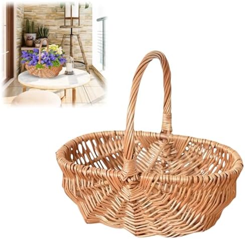 Rattan Wicker Woven Basket with Handle, Portable Garden Harvest Basket Wicker Storage Baskets for Picnic, Easter, Organizing, Gathering Vegetables (Brown, 12.6 * 9.1 * 11.42in)