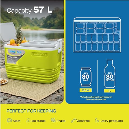 Image of Pinnacle Eskimo 57L Large Chiller Ice Box| Fits 80 cans| Holds Ice Upto 100 hrs| Insulated Portable Cooler IceBox with Two-Way Open Lid, Drain Tap, Drink Holder| Perfect for Car Travel,Sport (Lime)
