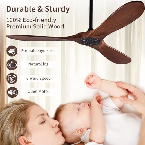 Rustic Walnut 52 Inch Ceiling Fan with Remote, Modern Outdoor Wood 3 Blade High CFM Ceiling Fans for Patios/ Porch/ Gazebo - Farmhouse Propeller Ceiling Fan for Living Room/ Bedroom/ Kitchen/ Indoor