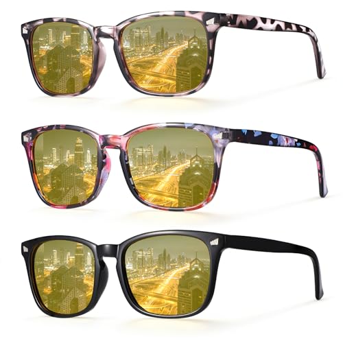 Image of JATEBI 3 Pcs Driving Glasses Women for Night Vision Square Anti Glare Glasses UV400 Protection Yellow Polarized Eyewear