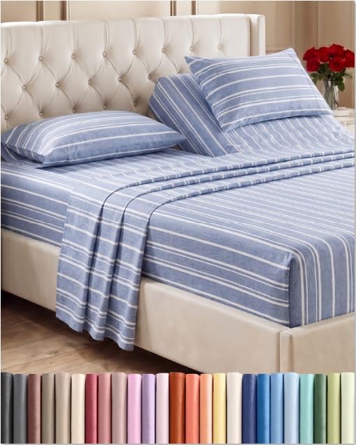 Flex Top Split Head King 4 Piece Sheet Set - Soft &amp; Cooling - Blue Stripes