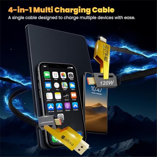 Image of Elfora 120W 4 in 1 Multi Function Braided Fast Charging Cable | Quad 1.5m Rugged Multi Function | Type C to USB A | Type C to Lightning | Compatible with iPhone, Macbook, Samsung, Tablets & More