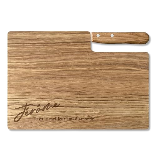 LOOXIS Planche à découper premium personnalisée avec couteau à bosse, nom et texte gravés - Bois de chêne, 26x15cm (Idée de cadeau pour femmes, hommes, emménagement, Saint-Valentin) Nom + texte