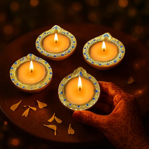 Image of Party Propz Golden Wax Filled Clay Diya for Puja - Set of 4 Wax Diya for Decoration, Pooja Decoration Items for Home, Teracottas Diyas for Puja Decorations Items, Clay Diyas for Pooja