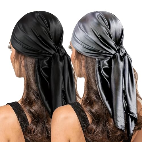 2 Piezas Pañuelo Cuadrado Para Mujer, 90 x 90 cm Negro Seda Bandana para el Cabello