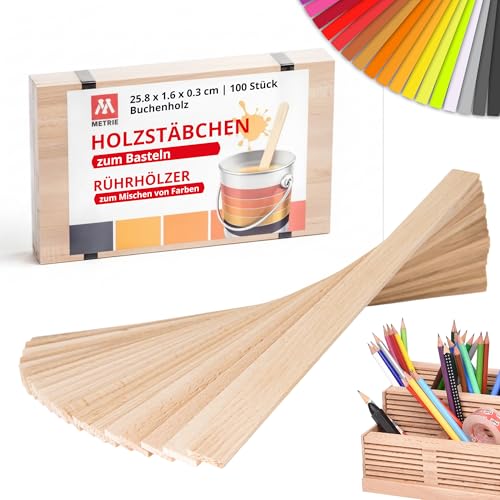 Metrie™ 100 Stück Robuste Rührhölzer, Holzstäbe zum Basteln 25.8 cm| Standard-Größe, Hochwertiges Buchenholz, 258 x 16 x 3 mm | Universal DIY Holzleisten | Kinder | Mischen von Farben, Dichtstoffen