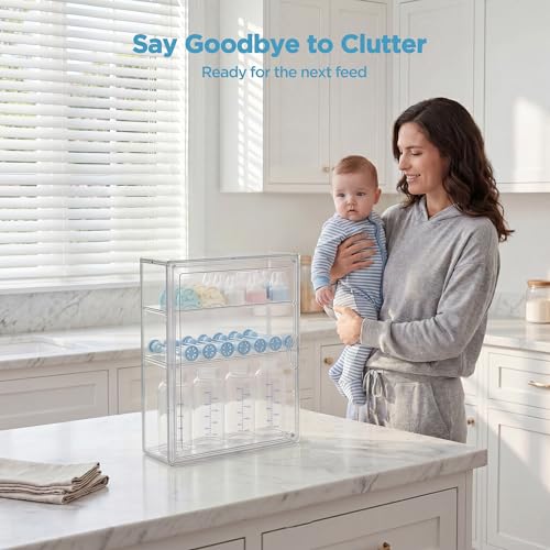 Image of HBlife Baby Bottle Storage Organizer Wall Mount, 3 Tiers Adjustable Clear Acrylic Bottles Storage Station Case Box Container with 2 Removable Dividers and Magnetic Door for Countertop Cabinet, Medium