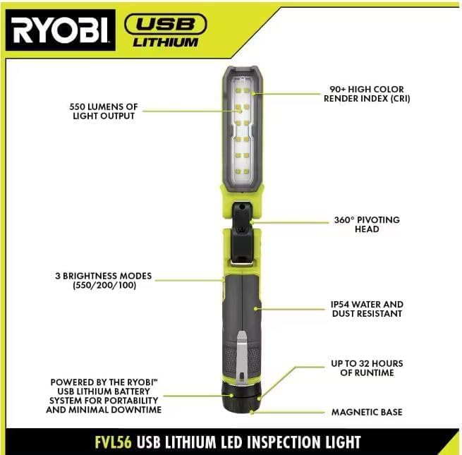 RYOBI USB Lithium Cordless 550 Lumens Rechargeable Inspection Flashlight Kit with 2.0 Ah Battery and Charging Cable