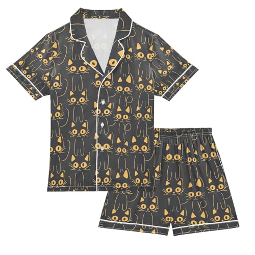 senya Cat Reflection Satin Summer Pajama Sets Silk Short Sleeve Button Down Sleepwear