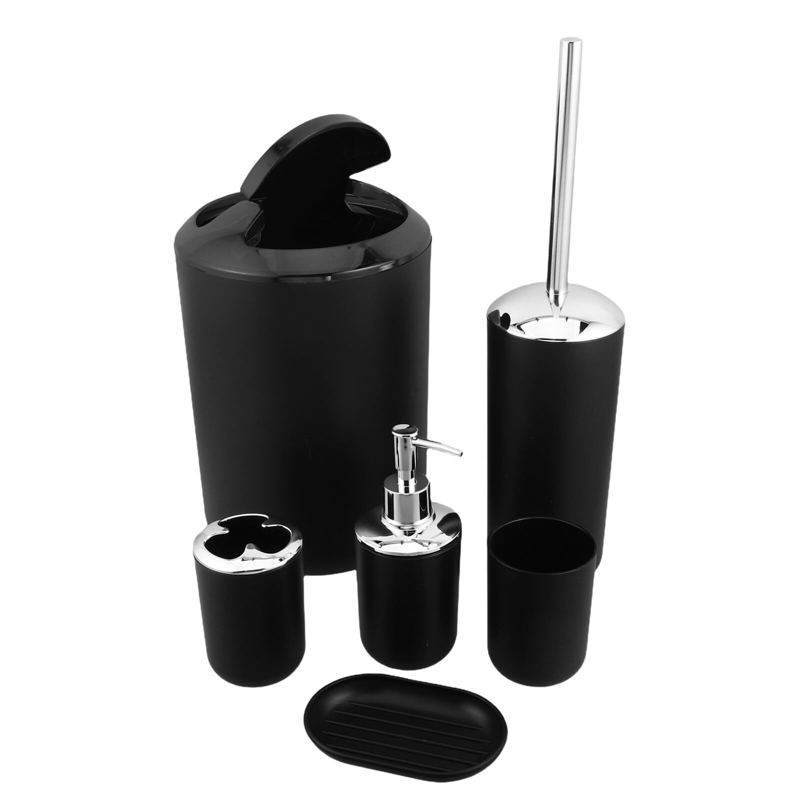 Set de Accesorios de Baño Negro de Plástico con Dispensador de Jabón, Porta Cepillos, Jabonera, Escobilla y Cubo de Basura para Organizar el Baño
