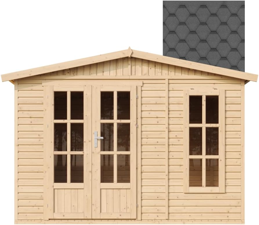 Wooden Garden Office TIMBELA M334FB+H334FBBLACK, Modern Garden Cabin to Work from Home, Large Pine and Spruce Garden Room W11ft x L7ft x H8ft, Lockable Garden House, Home Office, Workshop