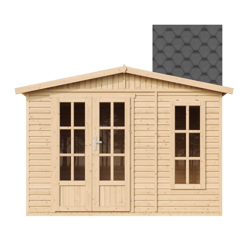 Caseta de jardín de Madera de 6 m2 - Cobertizo Jardin Exterior con Suelo, Ventana, Puerta Doble - Cabaña de jardín para Trabajar en casa - con Tejas bituminosas Negro - TIMBELA M334FB+H334FBBLACK