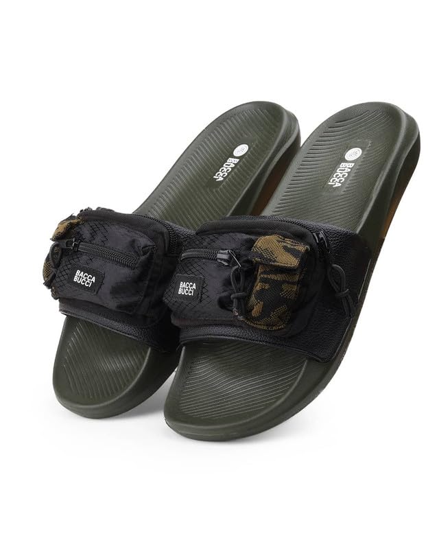Image of Bacca Bucci Utility Slide for Men | Dual Pocket Slides with Zipper & Velcro Closure | Cushioned EVA Footbed | Casual & Outdoor Slippers