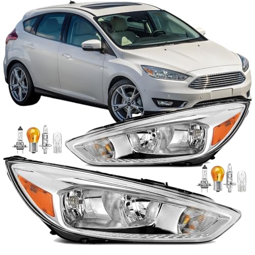 2PCS Headlight Assembly Set With Bulbs For 2015 2016 2017 2018 Ford Focus S SE ST SEL Titanium Replacement Focus MK3 Facelift Halogen Pair Headlamps Chrome Housing Amber Reflector FO2502339 FO2503339