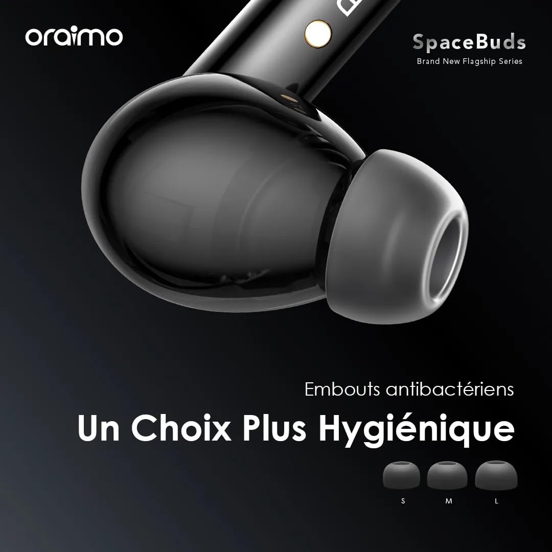 Oraimo SpaceBuds - Écouteurs Bluetooth sans Fil, Réduction de Bruit Active ANC Hybride 50dB, Autonomie 40h, Écouteurs Intra Auriculaires Basse Latence Jeu, 6 Micros Appel Clair, IP54 - Space Grey