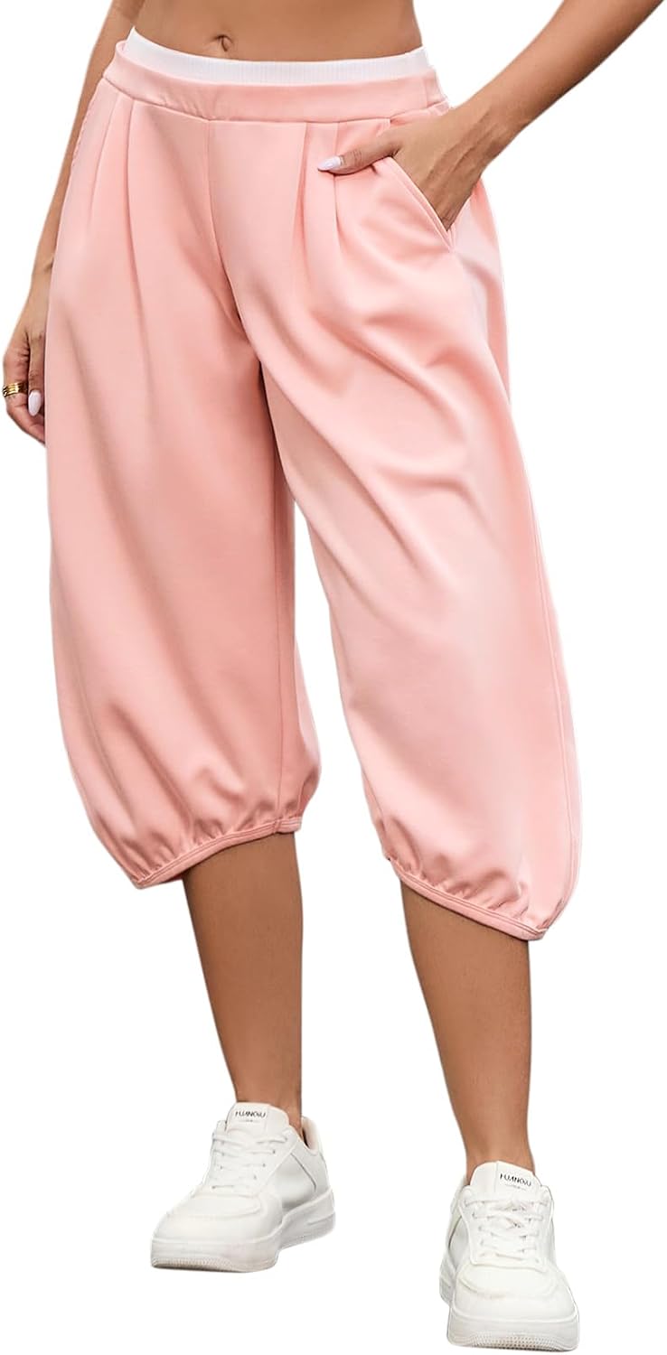Perfashion Women Capri Sweatpants Joggers Double Waisted Barrel Harem Balloon Cropped Pants Lounge Yoga with Pockets
