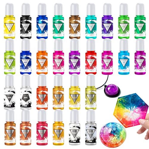 Alkoholtinte Set Alkohol Tinte 30 Flaschen - 20 Lebendig Farben mit 10 Metallic Farben Alkohol Ink für Epoxidharz Kunst, Untersetzer, Petrischalen - Konzentrierter Alcohol Ink Harzfarbe für MalereI