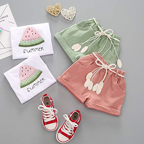 Xfglck 1-4T Toddler Kids Baby Girls Summer Outfits Clothes Watermelon Print Tops + Shorts Pants with Belt Short Set (Pink Set, 4-5 y)