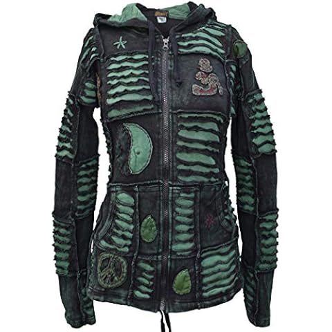 Women's Stonewashed Cotton Gothic Emo Embroidery Pointed Pixie Hood Jacket Green UK 12 Cover