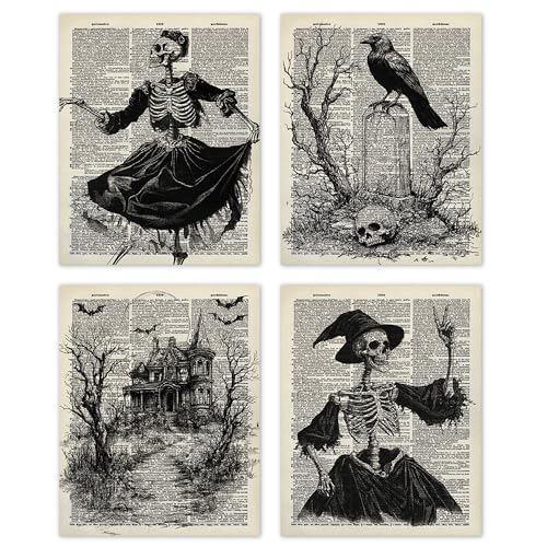 TLESKE Retro Gothic Halloween Skeleton Posters Prints Unframed Set of