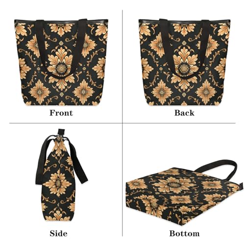 Vintage Floral Graphics Canvas Tote Bag Portable Shopping Bags Reusable Shoulder Tote Bag with Zipper for Travel Shopping Campaign Gym3