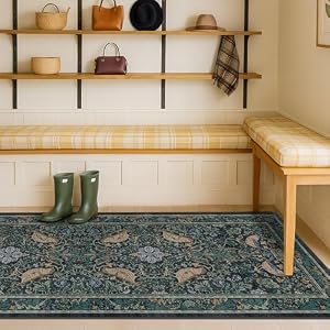 Boho 2x5 Entryway Indoor Runner for Bathroom - Botanical Bird Runner Rug for Kitchen Floor, Hallway, Bedroom, Entrance, Blue and Teal Neutral Vintage Decor, Washable Non Slip Low Pile 2' x 5