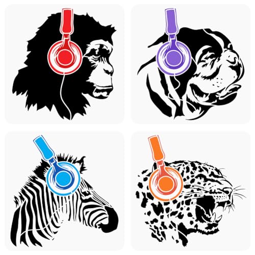 FINGERINSPIRE 4PCS Banksy Animal Headphones Painting Stencils 30x30cm Reusable Monkey Dog Drawing Templates Hollowed Leopard Zebra Stencils for Painting Animal Theme Templates for DIY Crafts