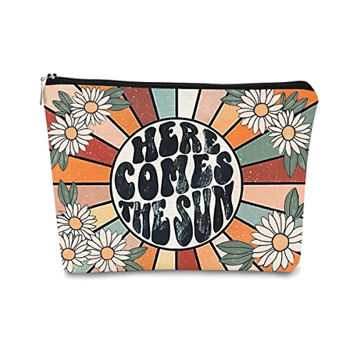 BARPERY Preppy Makeup Bags for Women,Trendy Retro Daisy Sunshine Makeup Bag Cute Floral Here Comes Summer Boho Inspirational Cosmetic Bag Gift for Teen Girls,Birthday Gifts for Women