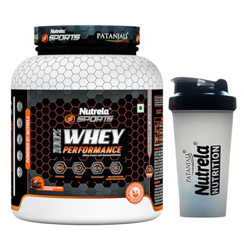 Image of NUTRELA Sports Patanjali Whey Protein 2kg with Shaker | Concentrate + Isolate | 24g Protein Per Scoop | 6.7g BCAA, 4.9g Glutamine with Digestive Enzymes for quick absorption & easy digestion | Muscle - Building & Recovery | 100% Vegetarian | Irish Chocolate