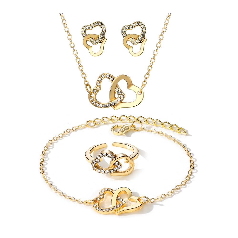 HSAJS Conjuntos de Joyas para Mujer Doble Corazon Colgante Juegos de joyas Corazón Cristal Collar Pulsera Pendientes Anillo 4 Pcs Set Boda Fiesta Cumpleaños Día de San Valentín Regalos