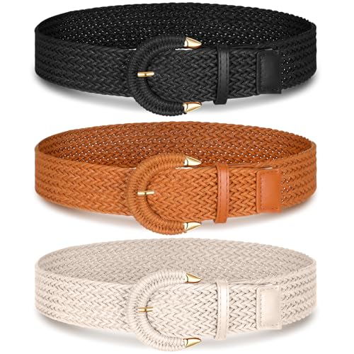 Suhine 3 Pcs Women Wide Braided Rattan Belt Straw Woven Elastic Stretch Waist Boho Belts for Dress Jeans Pants Adjustable