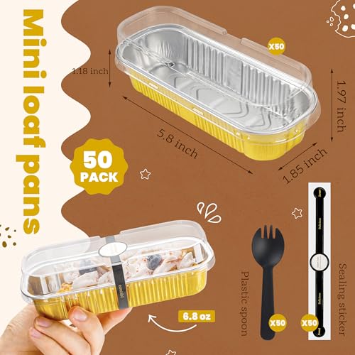 Image of NPLUX Loaf Pans with Lids, 50 Pack Gold 6.8oz for Dessert Displays | Suitable for mini breads, tart portions, dips and sweets; cover-after-cooling setup helps cut repacking steps.