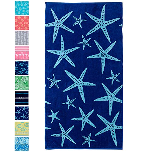 Great Bay Home Oversized Plush Star Fish Print Beach Towel. 100% Cotton Nautical Beach Towel, Large Pool