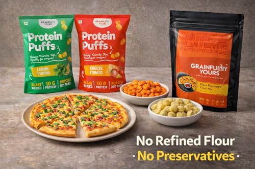Image of Grainfully Yours Healthy Pizza & Protein Snack Combo - Pizza Flour Mix, Protein Puffs Lemon Pudina & Cheesy Tomato, Plant-Based, High Protein, Roasted Snacks, No Preservatives, No Refined Flour