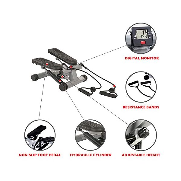 Sunny-Health-Fitness-Mini-Stepper-with-Resistance-Bands-Black Sunny Health & Fitness Mini Stepper for Exercise Low-Impact Stair Step Cardio Equipment with Resistance Bands, Digital Monitor, Optional Twist Motion Stepper , Black